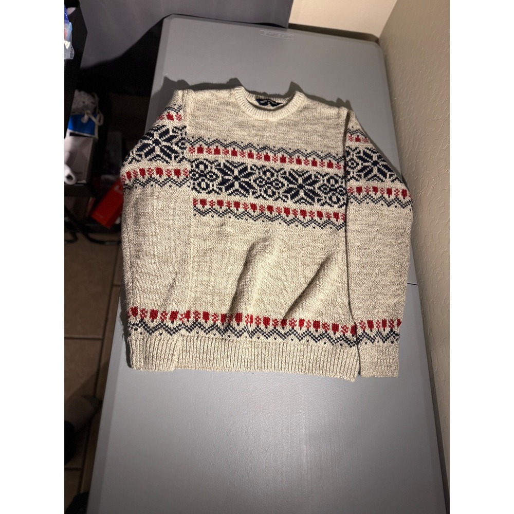 Tokyo Laundry Mens XL OHara Fair Isle Snowflake Knit Sweater Oatmeal Navy Red